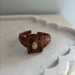 Brown Leather Cuff Bracelet with Pearl Accent